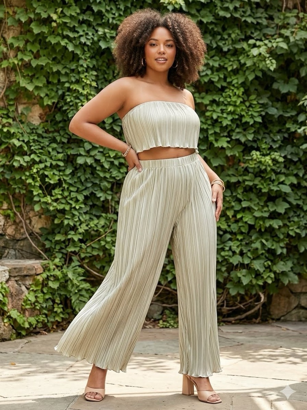 SHEIN Light Sage Pleated Wide-Leg Pants with Crop top Set